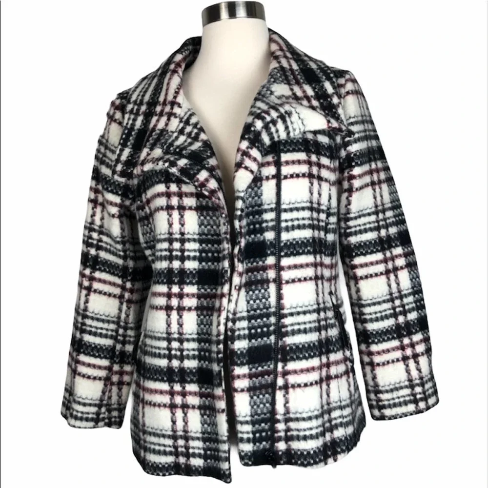 Soia & Kyo White Black & Red Plaid Preppy Moto Punk Designer Wool Coat Jacket XS